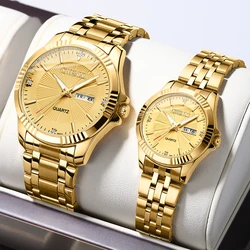 CHENXI-Montre de marque de luxe en acier inoxydable doré pour homme, horloge à quartz, étanche, ensembles de montres pour couple