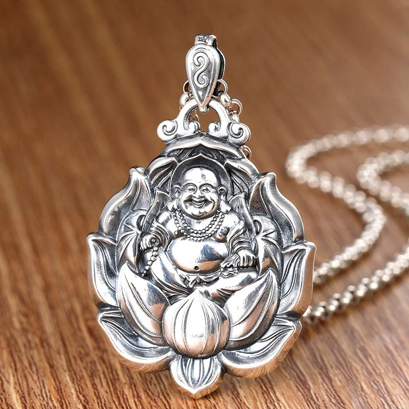 Retro Avalokitesvara Pendant Men Jewelry Maitreya Buddha Necklace Male Amulet Lotus Statue Necklaces Lady