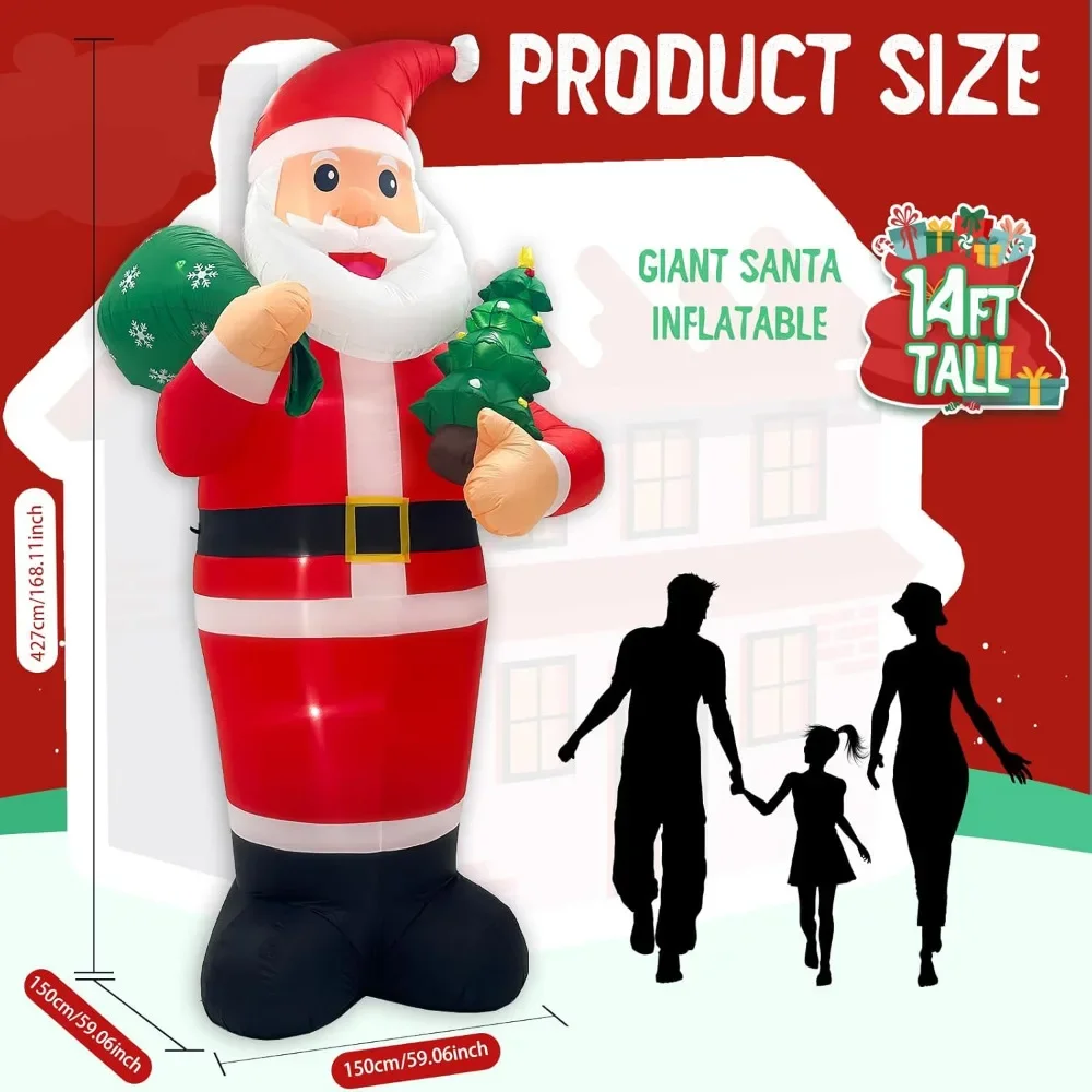 14FT Christmas Inflatable Outdoor Decoration, Giant Inflatable Santa Claus Holding Gift Bag, with Built-in LED Lights