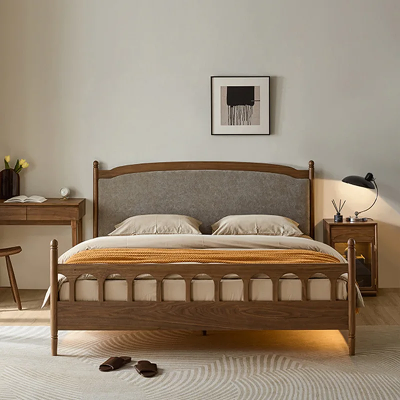 Black walnut retro solid wood bed soft bag bedside double bed soft rest 1.5M1.8M cherry wood children's bed
