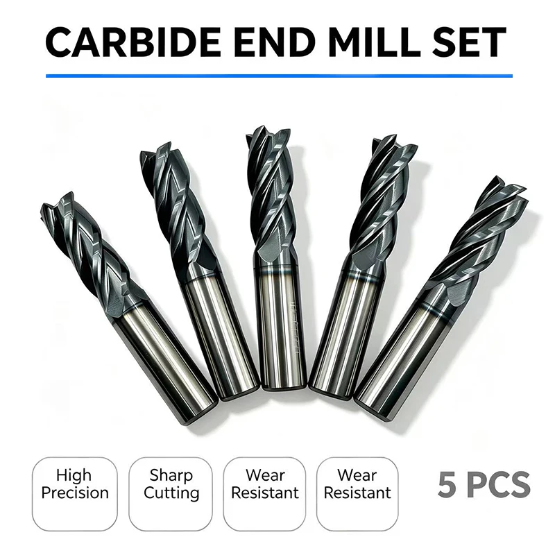 5Pcs 1/2 Inch 4 Flute Carbide End Mill Bits, AlTiN Coated HRC45 Square Milling Cutters for CNC Metal Milling