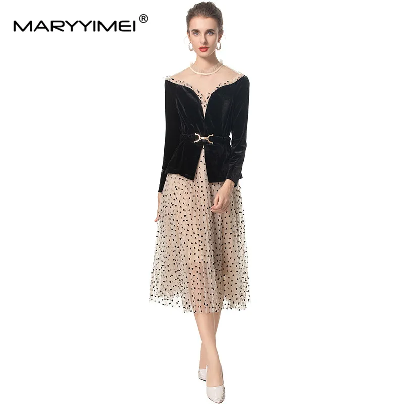 MARYYIMEI Autumn and Winter Women\'s Fashion Suit Long Sleeve Stand Collar Lace-Up Slim Tops+Elastic Waist Skirt 2 piece set