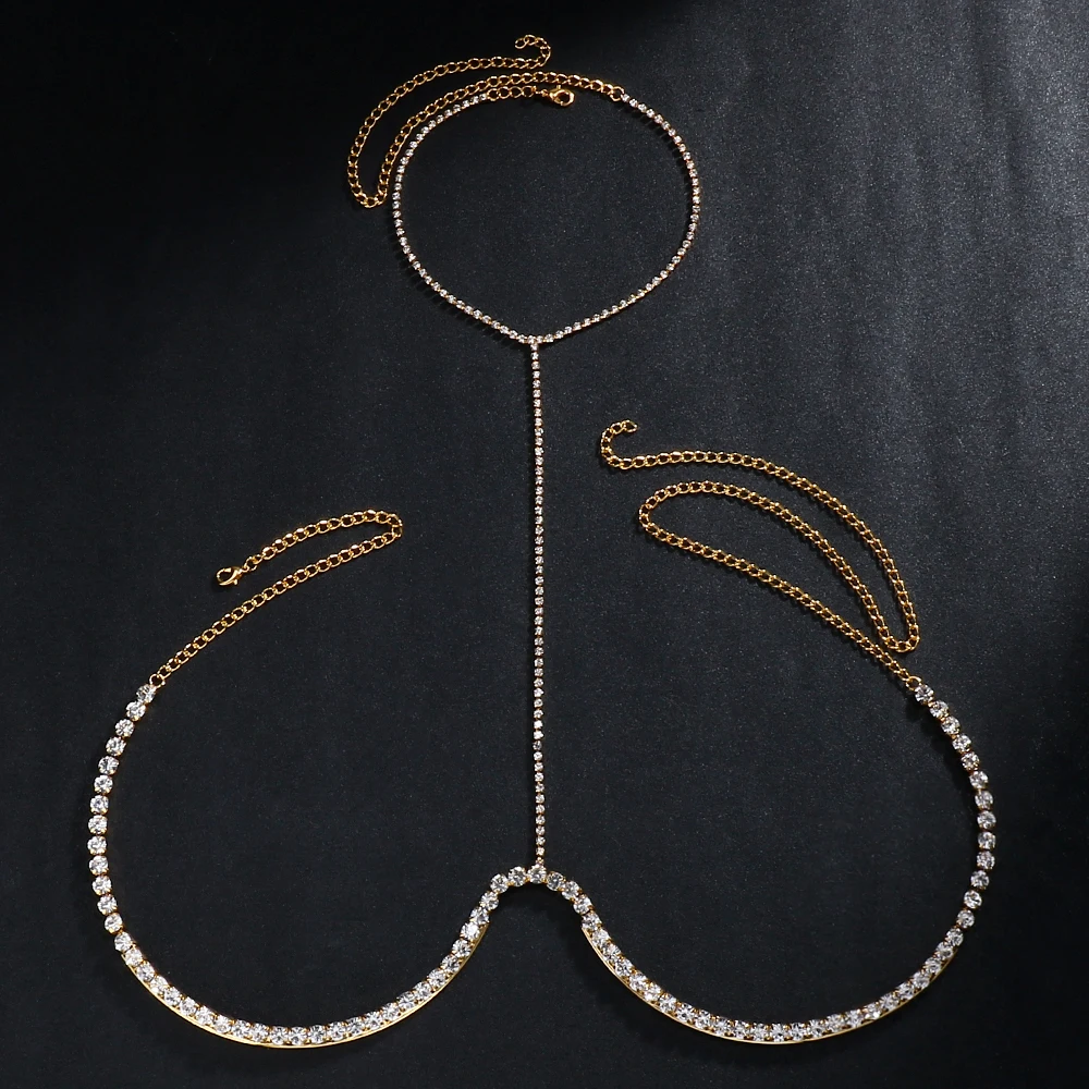 Stonefans Rave Rhinestone Chest Chain Necklace Nightclub Clothing Sexy Bikinis Shiny Crystal Lingerie Bra Chain Body Jewely Gift