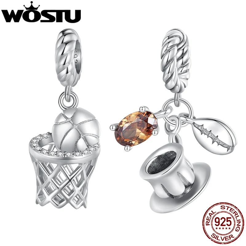 WOSTU 925 Sterling Silver Basketball Sports Charms Coffee Cup Beads Fit Oringal Bracelet DIY Necklace Women Jewelry Making Gift