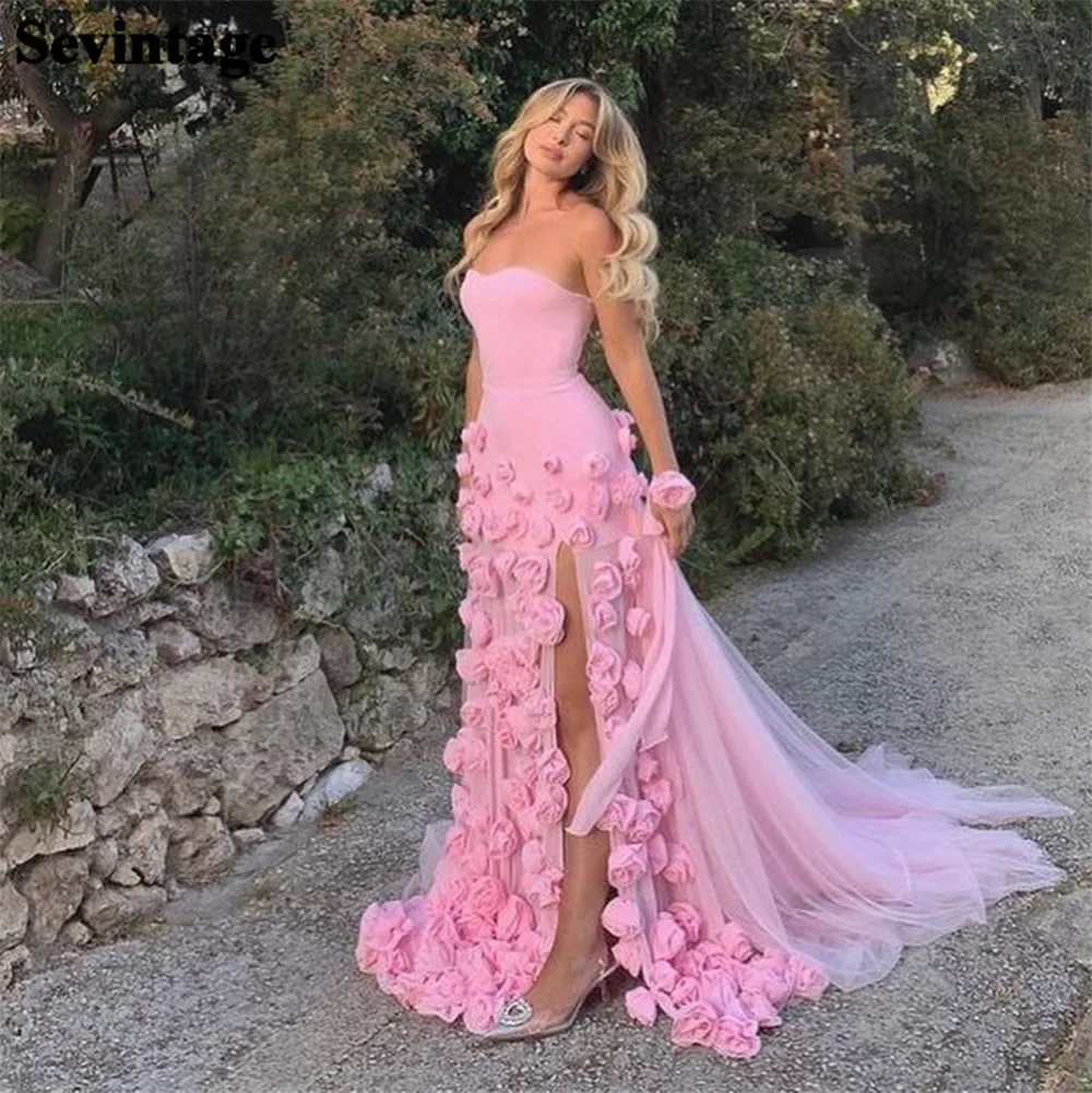 Customized Fairy Pink Tulle Prom Dresses Strapless A-Line 3D Flowers High Side Slit Formal Occasion Dresses فستان سهرة نسائ 2023