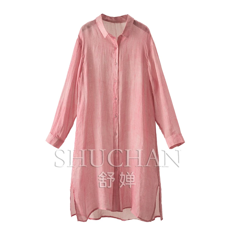 

100% Ramie Loose Medium and Long Shirt Dress Women 11B1 Vestidos Femininos Frete Grátis Women Clothing
