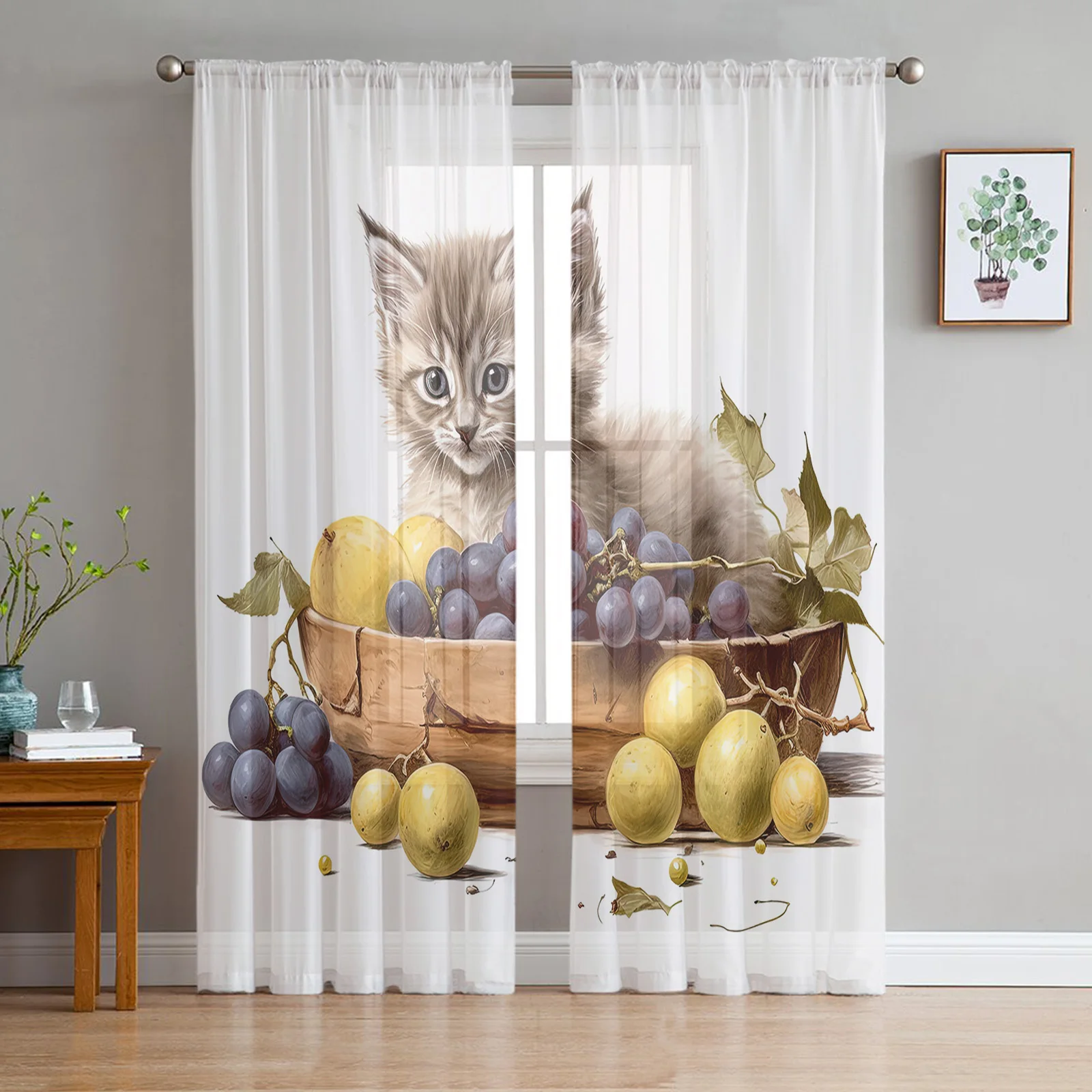 Kitten Fruit Grapes Sheer Curtains for Living Room Decoration Window Curtains for Kitchen Tulle Voile Organza Curtains