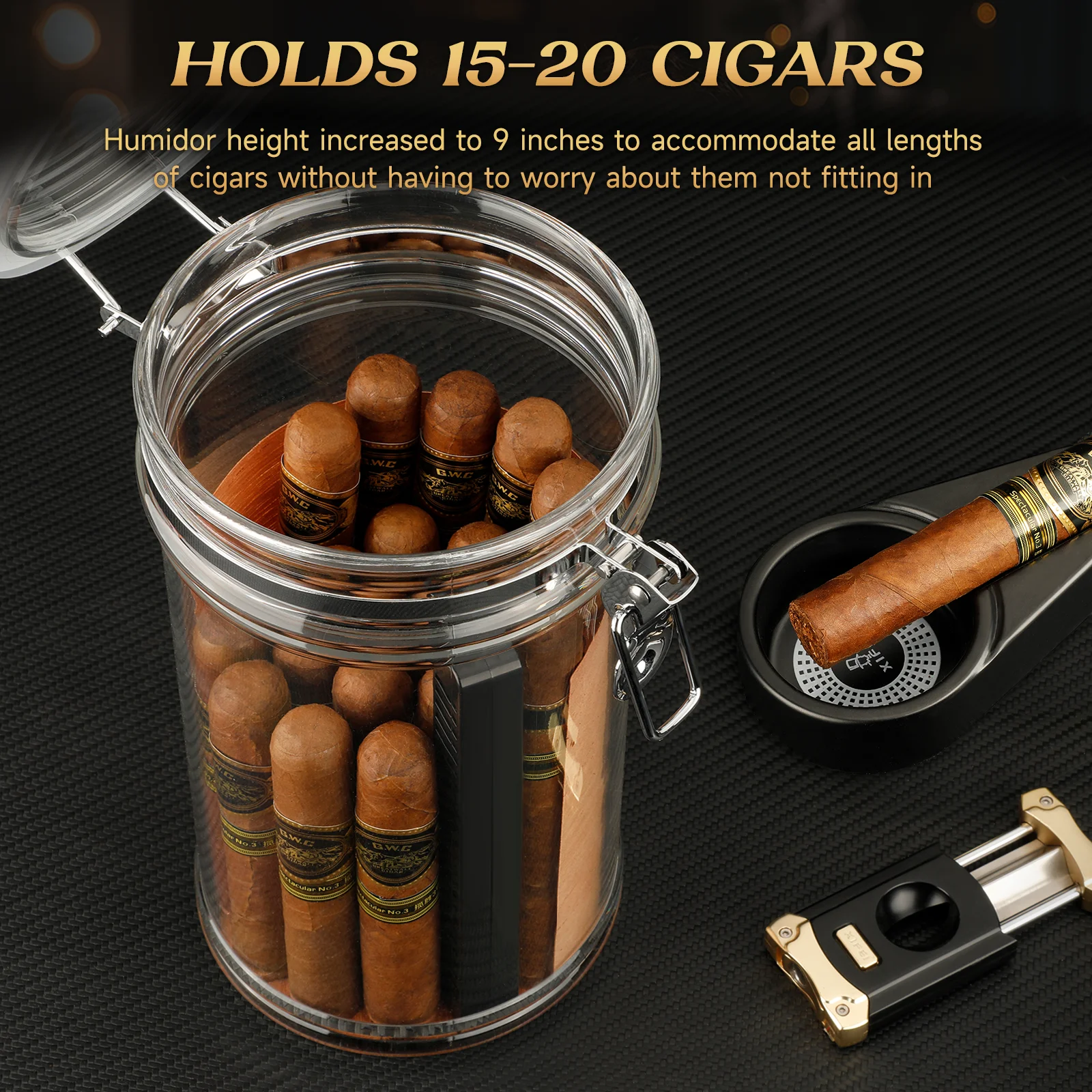 Acrylic Humidor Jar with Digital Hygrometer,Tall Design Fits Long Cigar,Humidifier,Cedar Veneer,Travel Humidor for 15-20 Cigars