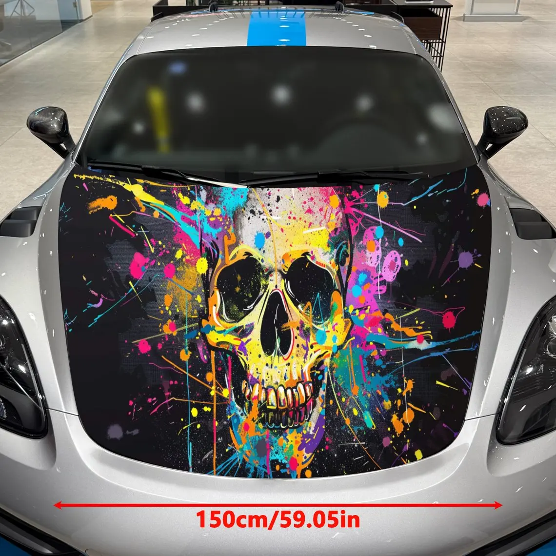 Artistic Splatter Paint Skull Car Hood Wrap, Car Hood Decal, Car Exterior Accessory, Waterproof and Self-adhesive Auto Cover Sti