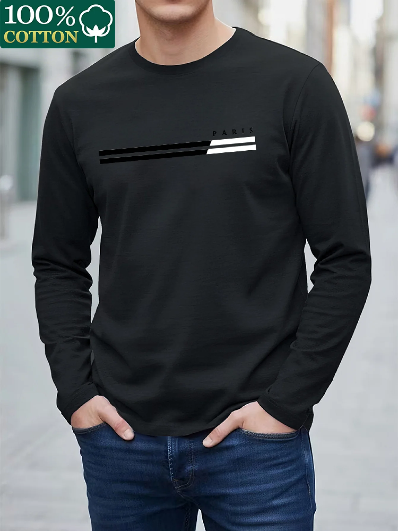 Mens 100 Pure Cotton Long Sleeve T Shirt Milan Italian Pattern Print Crew Neck Standard Size Machine Washable Comfortable Fashio
