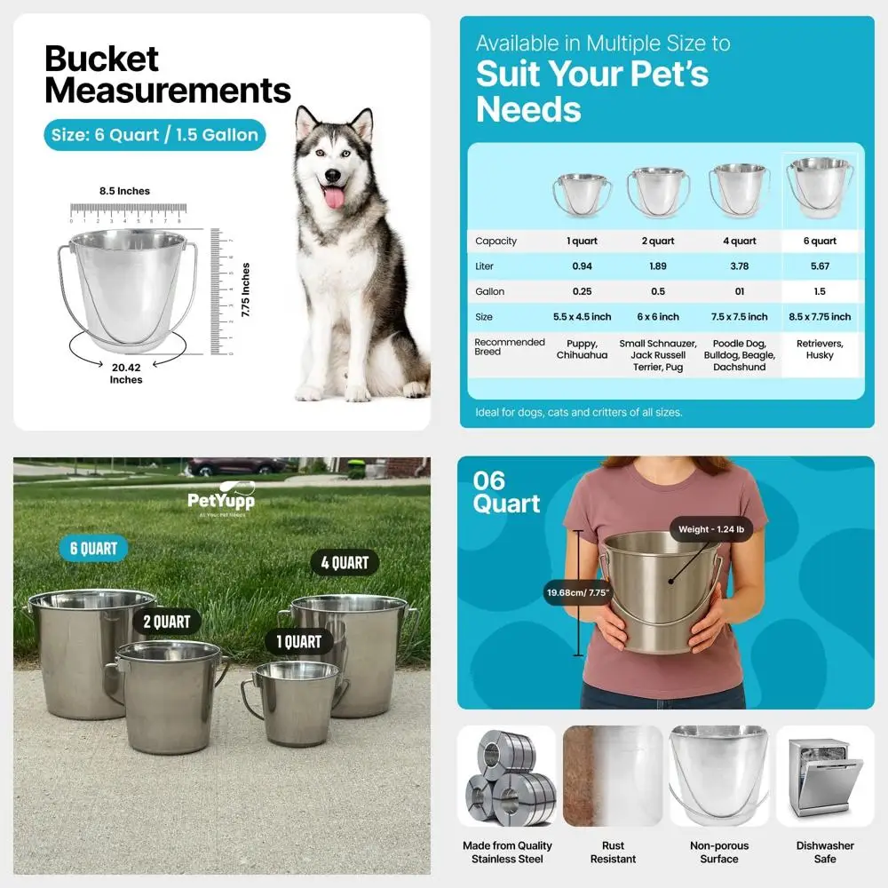 

Heavy Duty Stainless Steel Bucket 6 Quart - 1.5 Gallon Metal Bucket for Feeding & Watering Pets, Livestock & Cleaning - Perfect