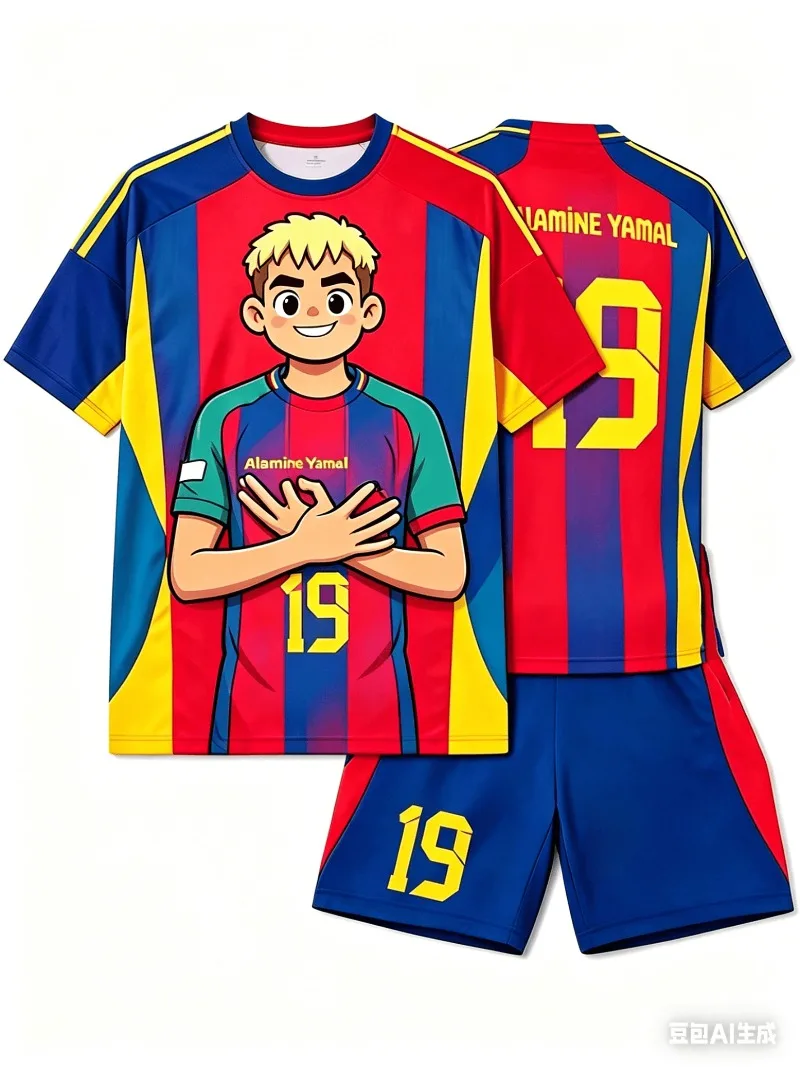 Summer # 19 Yamal Q-Edition Cute Edition Red Blue Striped Football Shirt Set Adult Children Fashion Casual Outdoor Sports Set