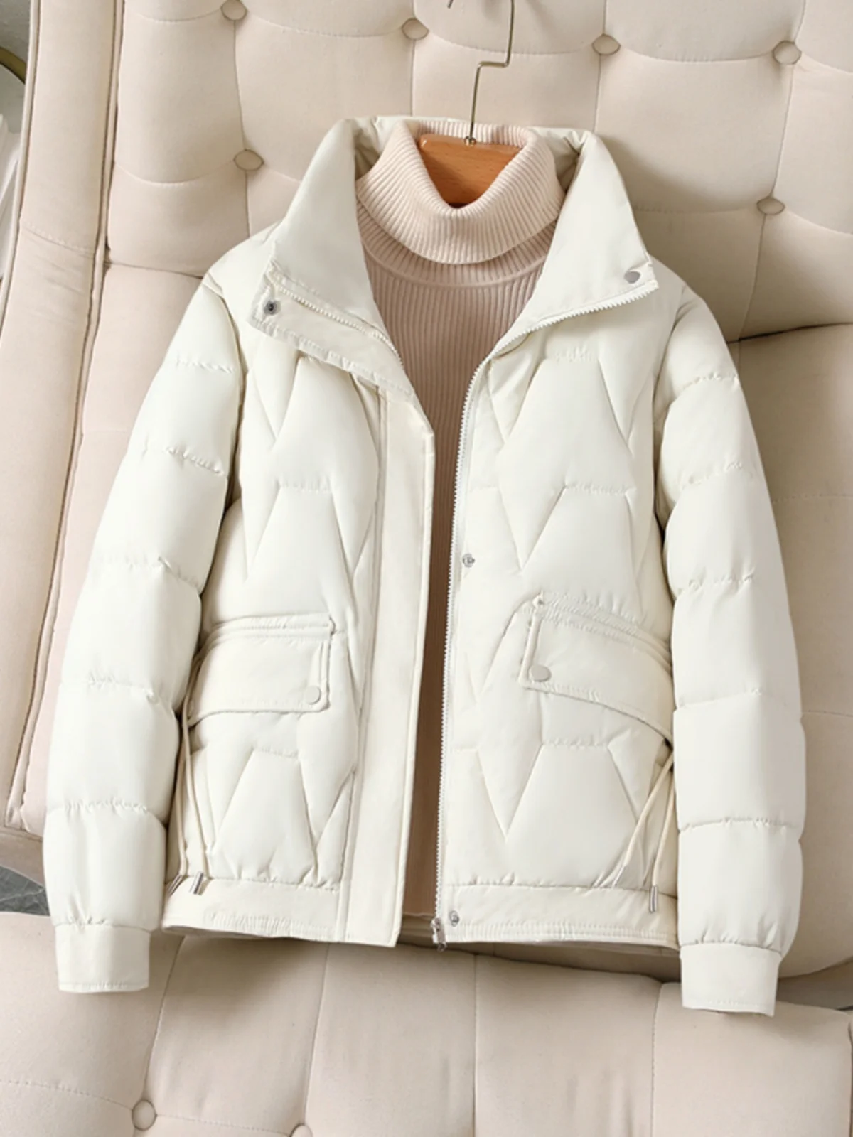 

Winter Thiened down Cotton Jaet Women's ort Loose Fit Stand Collar Trendy Coat Korean Sle Commute Long Sve Zipper