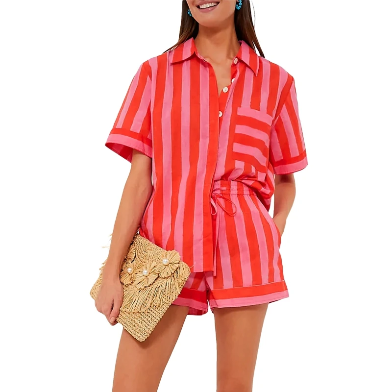 

Stripe Print Short Sleeve Loose Blouse Shirt Tops + Shorts Sleepwear Outfits Women Pajamas Set 2 Pieces Loungewear Suits