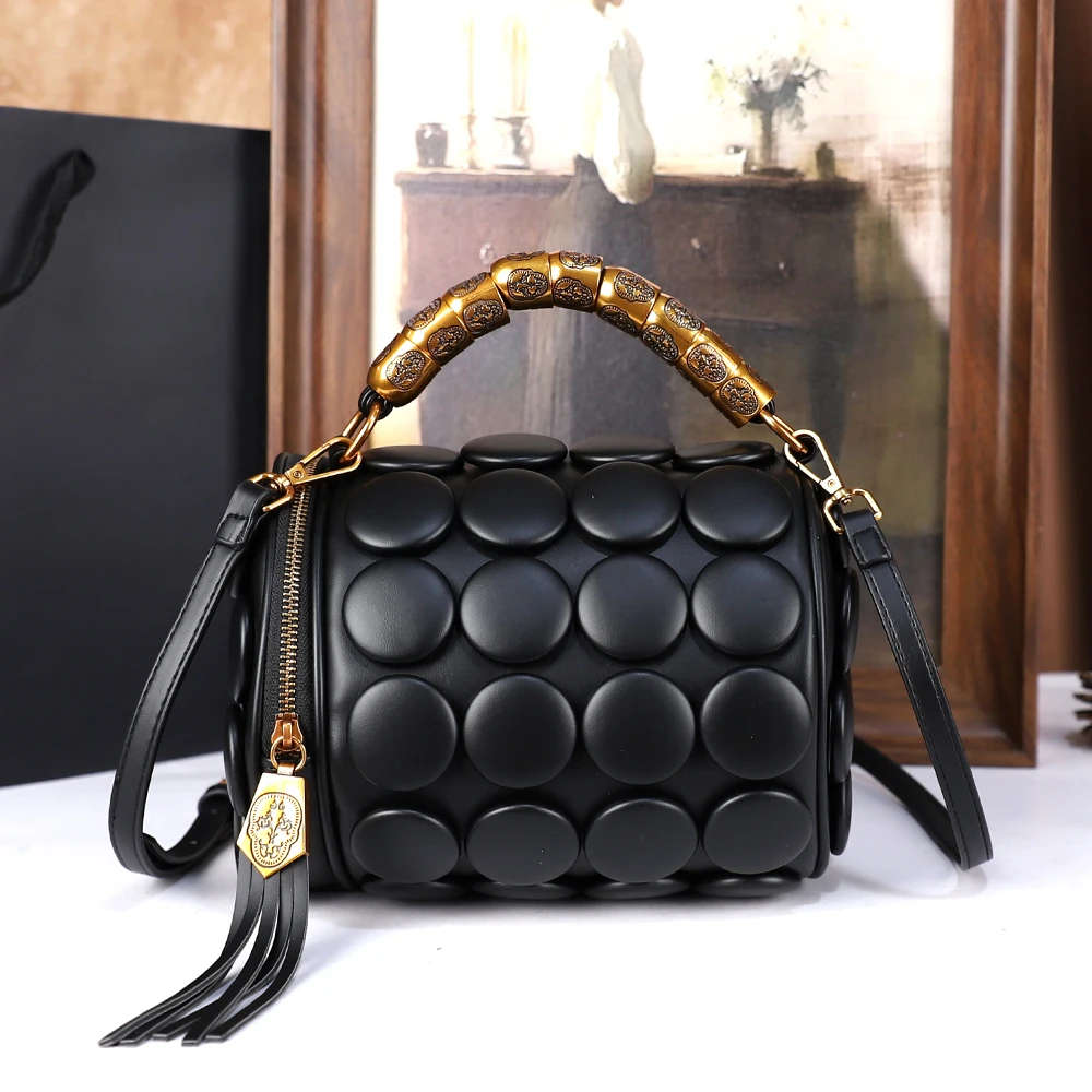 

2026 New Design Women Retro Button Leather Handbags Luxury High-end Round Tube Bucket Bag New Fashion Shoulder Crossbody Bag