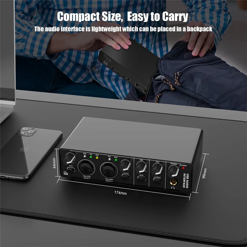 VVNB-USB 오디오 인터페이스, 기타리스트, 보컬리스트, 팟캐스터용 녹음용 48V 팬텀 전원이 포함된 2 In 2 Out 오디오 인터페이스