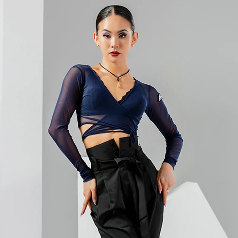 Summer Women Latin Dance Tops Sexy See-Through Crop Tops ChaCha Practice Clothes Samba Rumba Performance Stage Costume YS3698