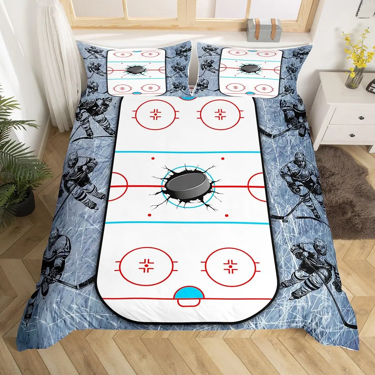 Ice Hockey Duvet Cover Twin Queen Hockey Sport Player Bedding Set Winter Extreme Sport Game Comforter Cover for Boys Teens Adult