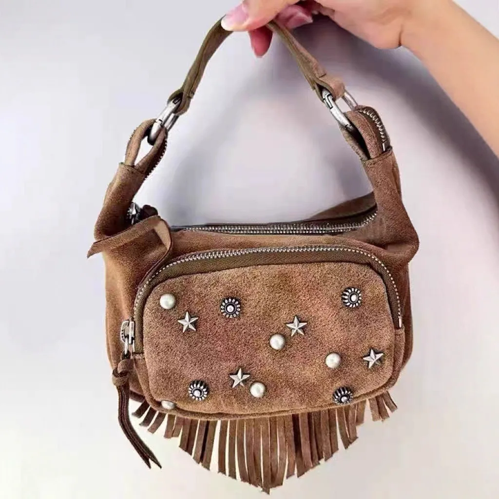 

Винтажная замшевая кожаная сумка с заклепками, модные женские сумки с кисточками, повседневная дизайнерская сумка-бродяга под мышками