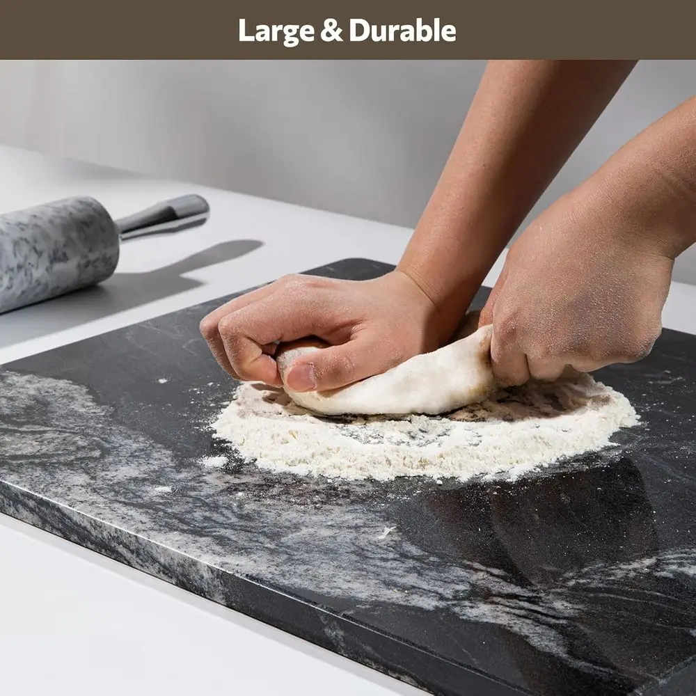 เขียงหินอ่อนสีดำธรรมชาติขนาด 16x20 นิ้ว พร้อมฐานกันลื่นสำหรับใช้ในครัว - เหมาะสำหรับการอบขนม ชีส และช็อคโกแลต