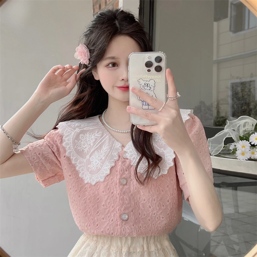 French Style Lace Hollow Out Floral Shirt Women Peter Pan Collar Short Sleeve Top Sweet Chic All-match Blouse 2022 Summer New