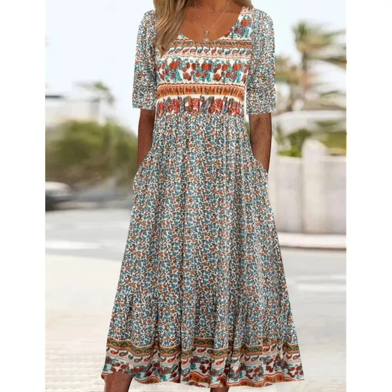 

Elegant Boho Printed Dress Women O-neck Short Sleeve Pleated Large Hem Dress Summer Casual Holiday Female High Waist Long Dress