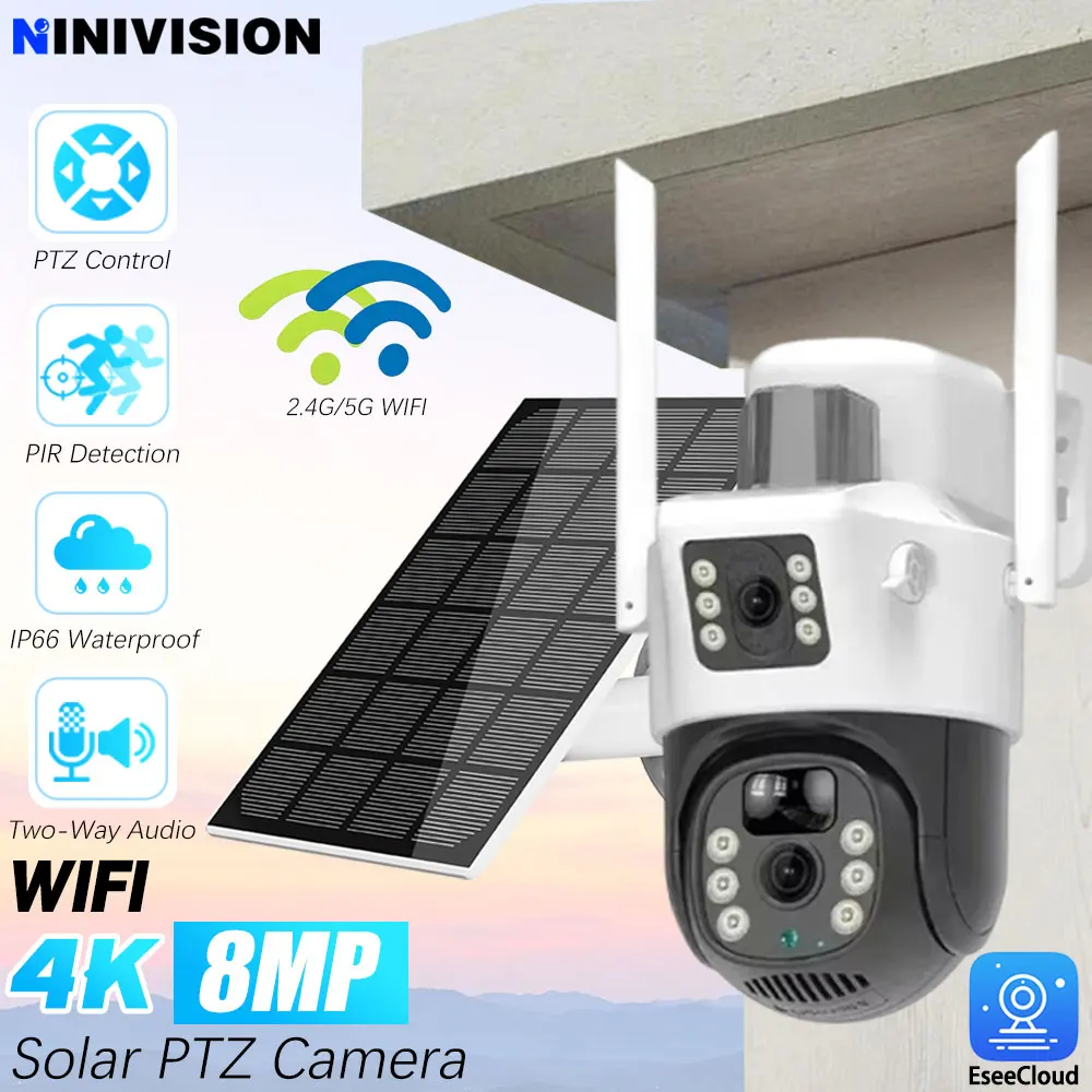 

5G WiFi Solar Camera Dual Lenses Outdoor 8MP 4K Low Power Battery IP Camera PIR Night Vision IP Pro CCTV Security Protection