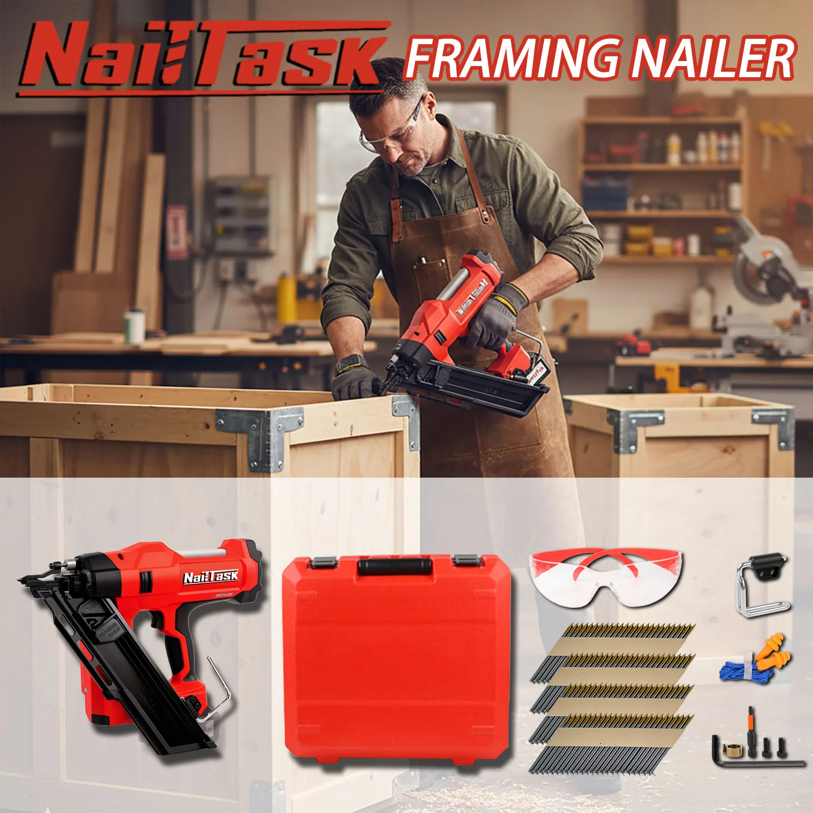 

Nailtask 20V Cordless Brushless 34° Power Framing Nailer Nail Gun Without Battery for 50 to 90mm Paper Collated Nails with Box