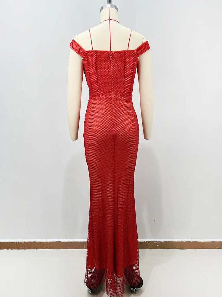 VC weelderige avondstijl rode mesh pailletten off-shoulder zeemeerminjurk met uitgesneden ontwerpjurk