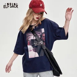 ELFSACK printing crew neck short sleeve T-shirt for women 2024 fit in spring or summer American style loose casual cotton tops