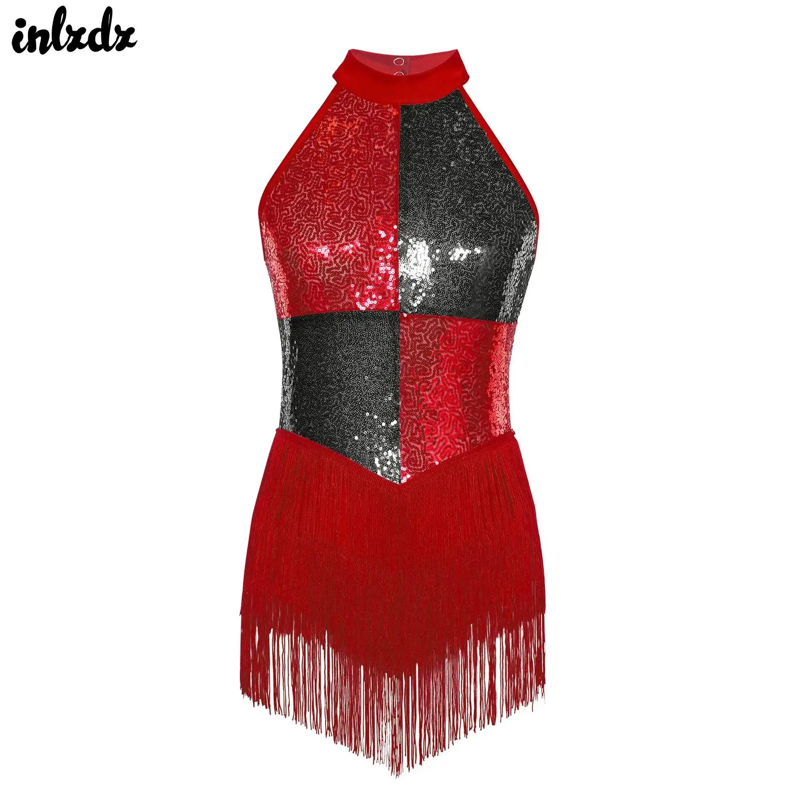 

Womens Gymnastics Figure Skating Latin Jazz Samba Salsa Dance Performance Costume Backless Shiny Sequins Tassels Leotard Costume