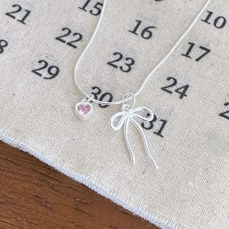 925 Sterling Silver Necklace Elegant Simple Bowtie Ribbon Pink Heart Pendant for Women Girl Jewelry Gift Dropshipping Wholesale