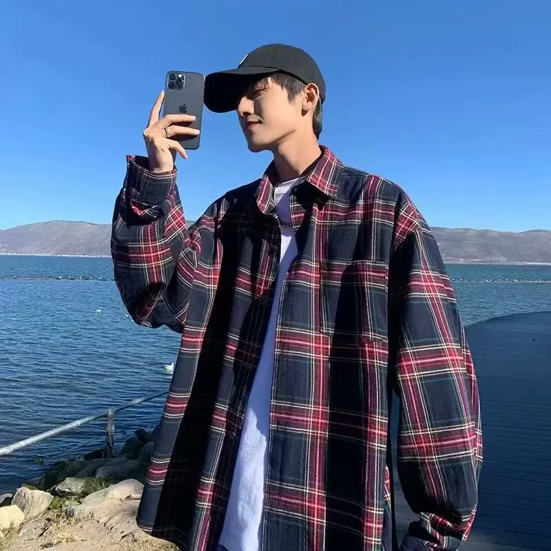 노란색 체크무늬 긴팔 셔츠 빈티지 아메리칸 레트로 하이 스트리트 유니섹스 봄 가을 커플 매치 스탠다드 핏 다림질 필요 없음