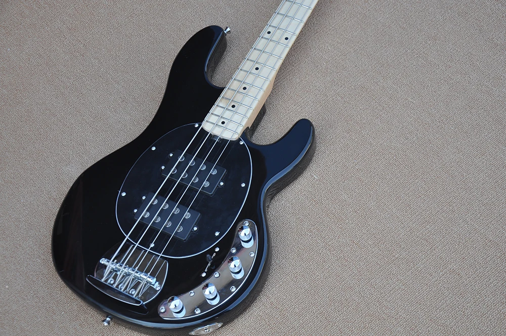 4 Strings Black Electric Bass Guitar with Flame Maple Neck,Maple Fretboard,Active Circuit,Strings Through Body