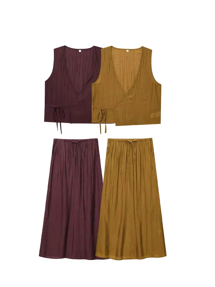 

HH 2025 женский летний костюм с бантом и морщинами на шнуровке, украшенная юбкой, костюм с v-образным вырезом, без рукавов, тонкий короткий жилет, топ + однотонная юбка-миди с карманами