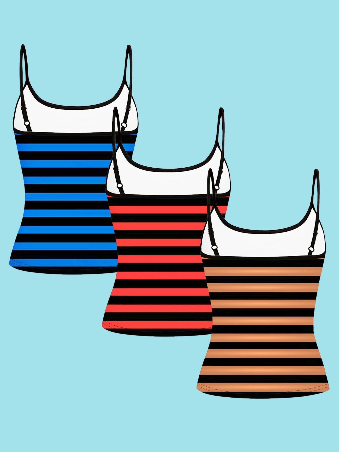 3-Piece Set of Skeleton and Star Patterned Color-Blocked Striped Camisoles, Slim-Fit and Flattering, Suitable for Layering or Wearing Alone