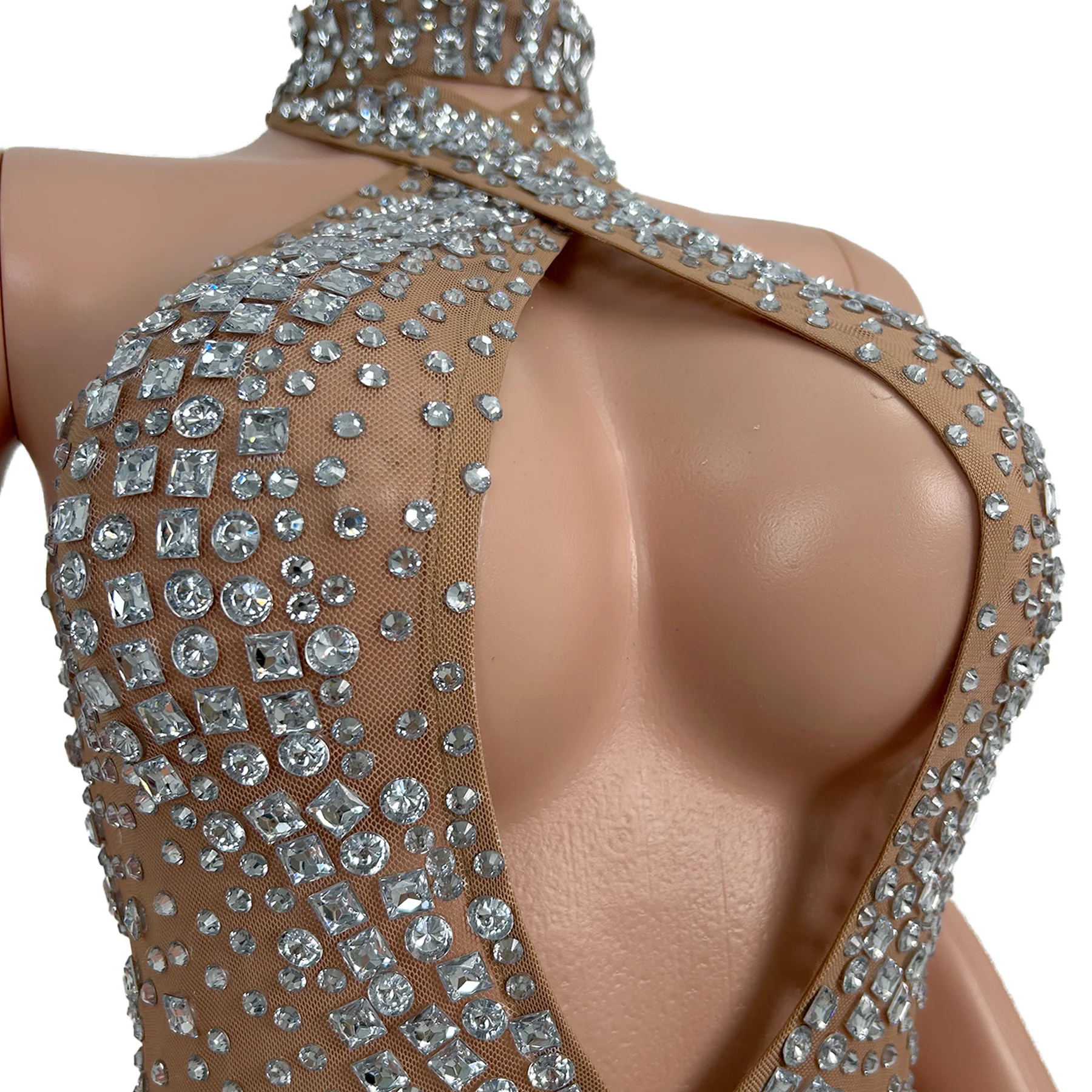 Jiaochaku Sexy hollowed out  jumpsuit silver rhinestone mesh see through leggings bar celebrity dancer performance costume
