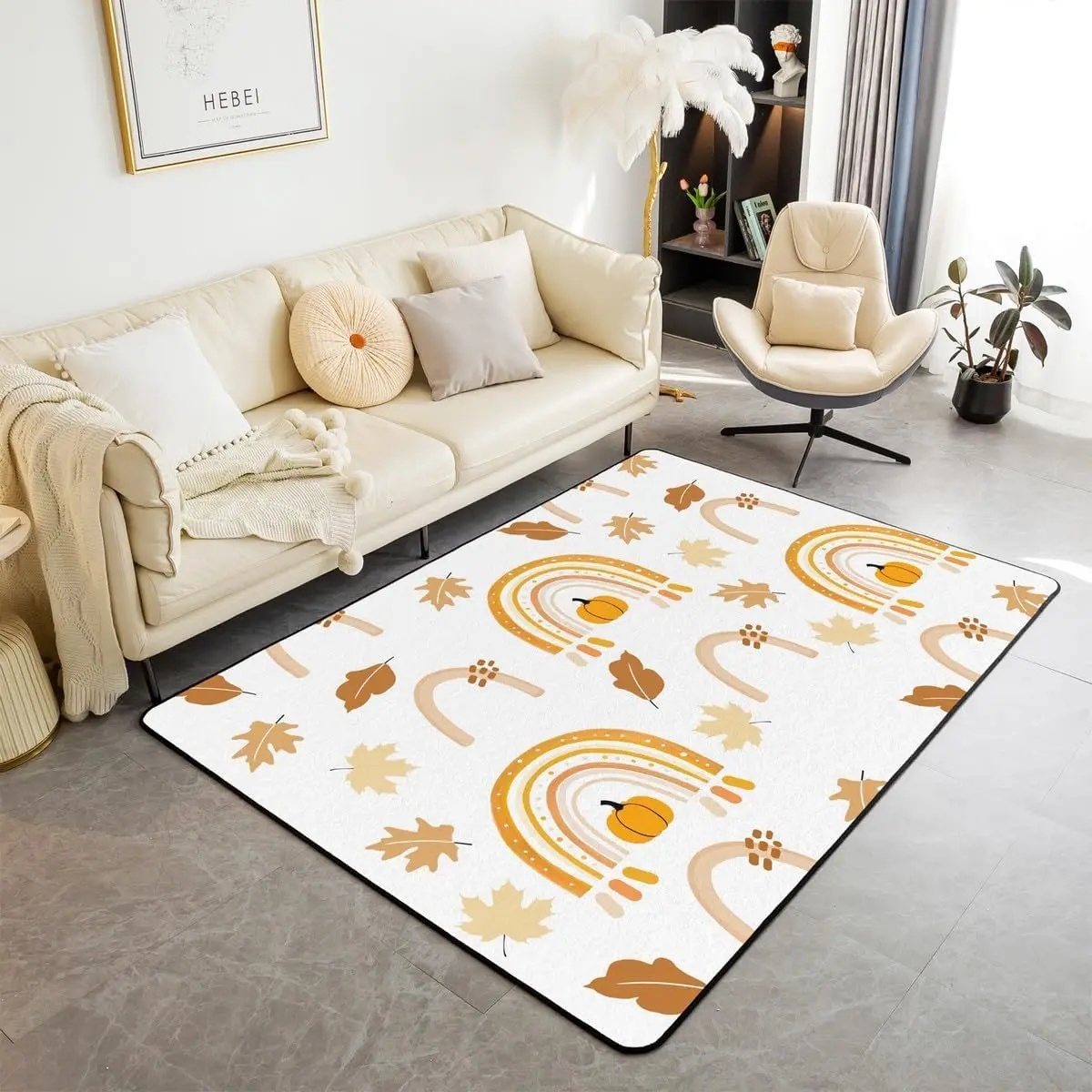 Rainbow Pumpkin Area Rugs for Living Room Thanksgiving Autumn Harvest Non Slip Rug | Maple Leaves Fall Carpet Geometric Art