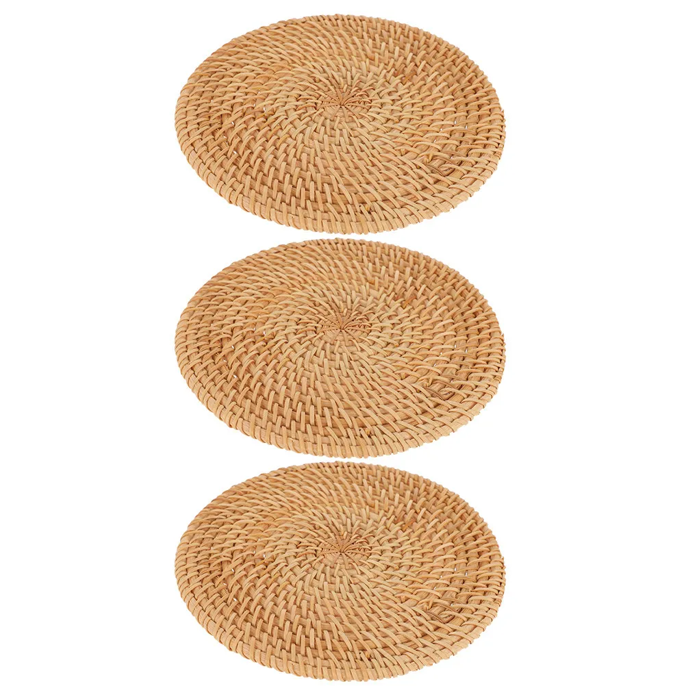 3Pcs Woven Heat Insulation Placemat Natural Rattan Table Mat Anti-Scald Dish Mat for Cups Plates Pots Home Kitchen Restaurant