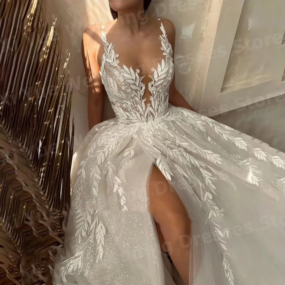 Luxurious A Line Women's Shiny Lace Appliques Wedding Dresses Vestido De Novia Side Slit Bride Gowns Customized Robe De Mariée