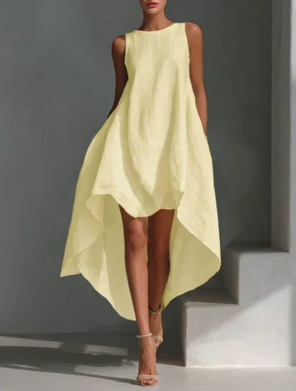 Women's Dress 2026 Spring Summer New Solid Color Round Neck Sleeveless Pocket Design Loose Casual Irregular Vacation Dress
