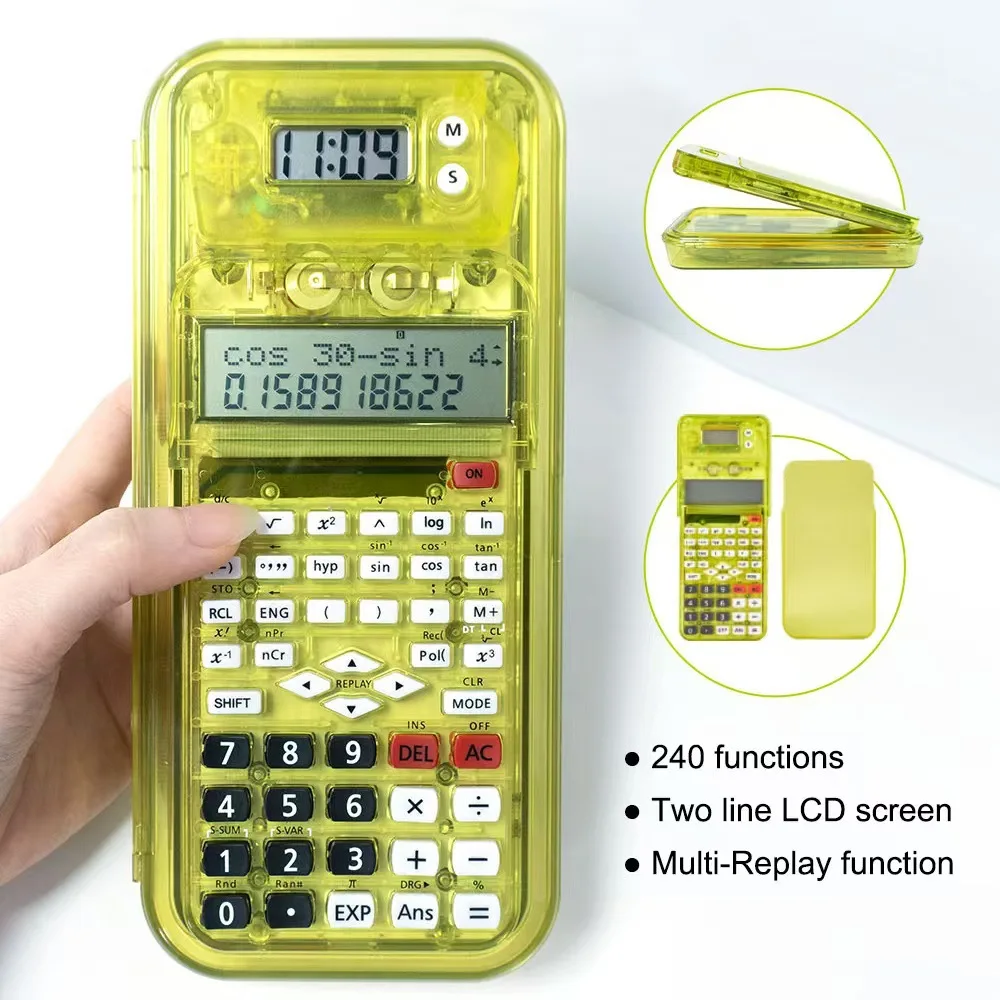 Cross border Transparent Stationery Box Multi functional Clock 82MS Scientific Computer Function Calculator Student Pen Box