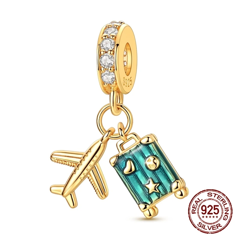 

925 Sterling Silver Golden Pendant Airplane Blue Luggage Charm Cubic Zirconia Fit Bracelet Jewelry Gift for Women Girls