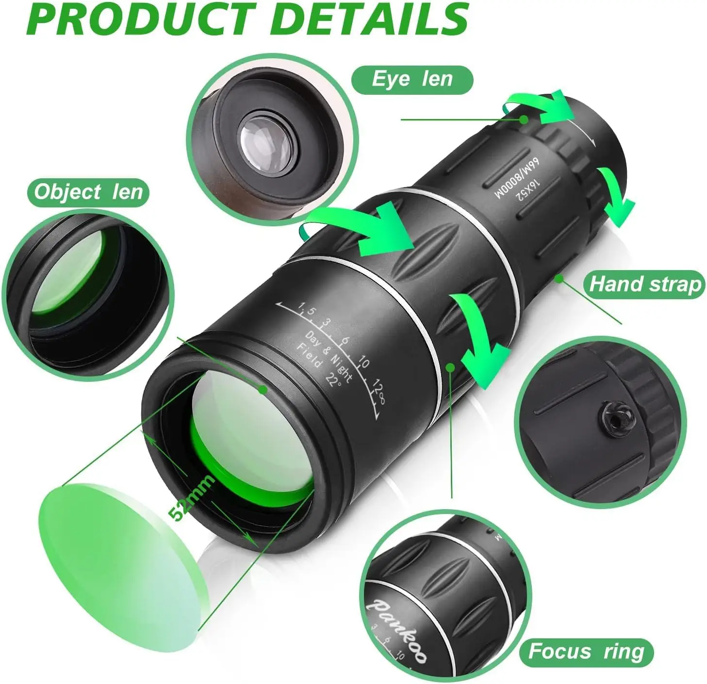 Powerful 16x52 Monocular Shimmer Night Vision Telescope Optical Spyglass Monocle for Outdoor Camping Bird Watch Hunting Spotting