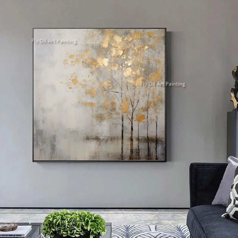 Abstract Gold Foil Tree Hand Painted Oil Painting on Canvas Modern Neutral Textured Wall Art for Living Room Bedroom Home Decor