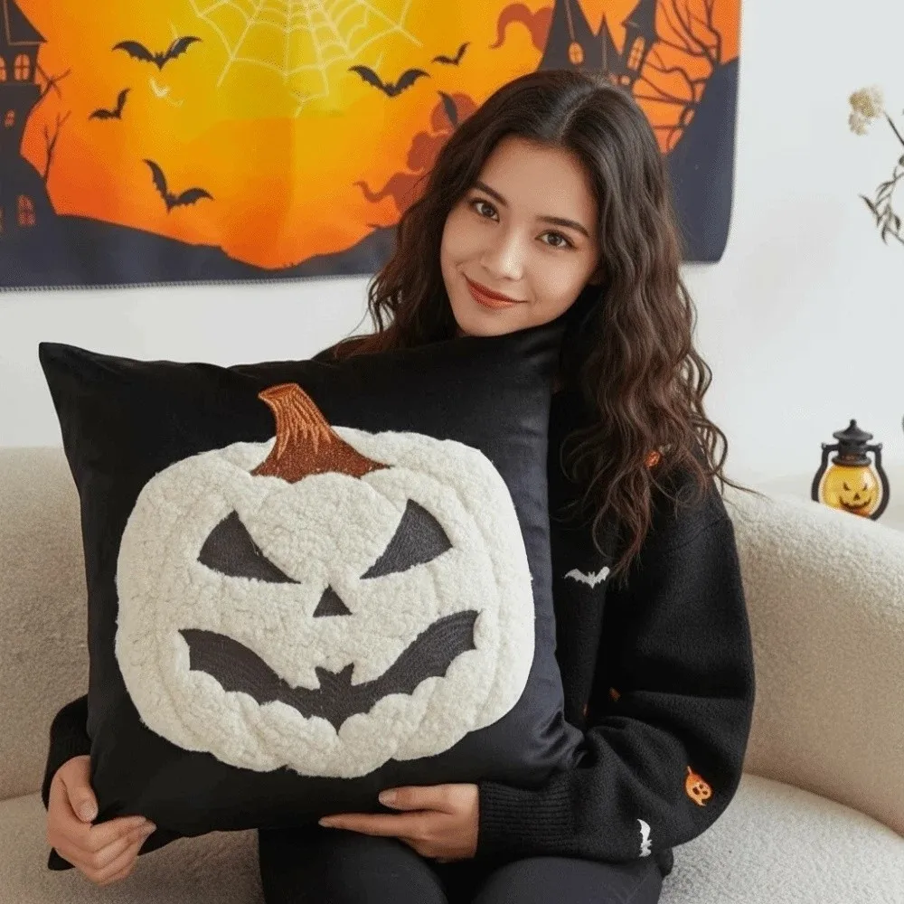 Soft Plush Pumpkin Pillow Case Cute Embroidery Warm Texture Embroidered Pillowcase Solid Color Orange Halloween Cushion Cover