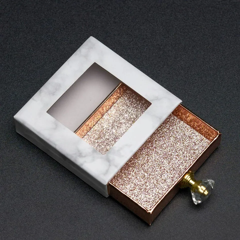 Private Label Lashes Boxes Mink Eyelashes Eyelash Packaging Rose Gold Diamond Handle Square Drawer Box Custom Lashbox Packaging