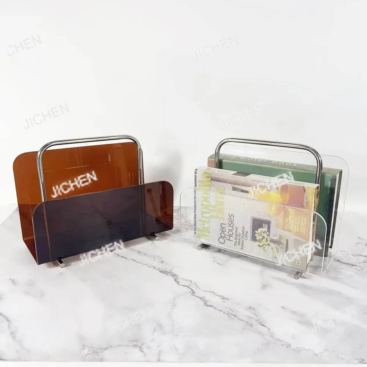 

Современная металлическая акриловая книжная полка-настольная стойка для журналов для украшения гостиной, домашнего офиса