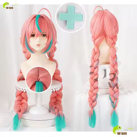 Game Varesa Cosplay Wig 100cm Pink Green Mixed Braided Pigtail Heat Resistant Synthetic Hair Women Anime Cosplay Wigs + Wig Cap