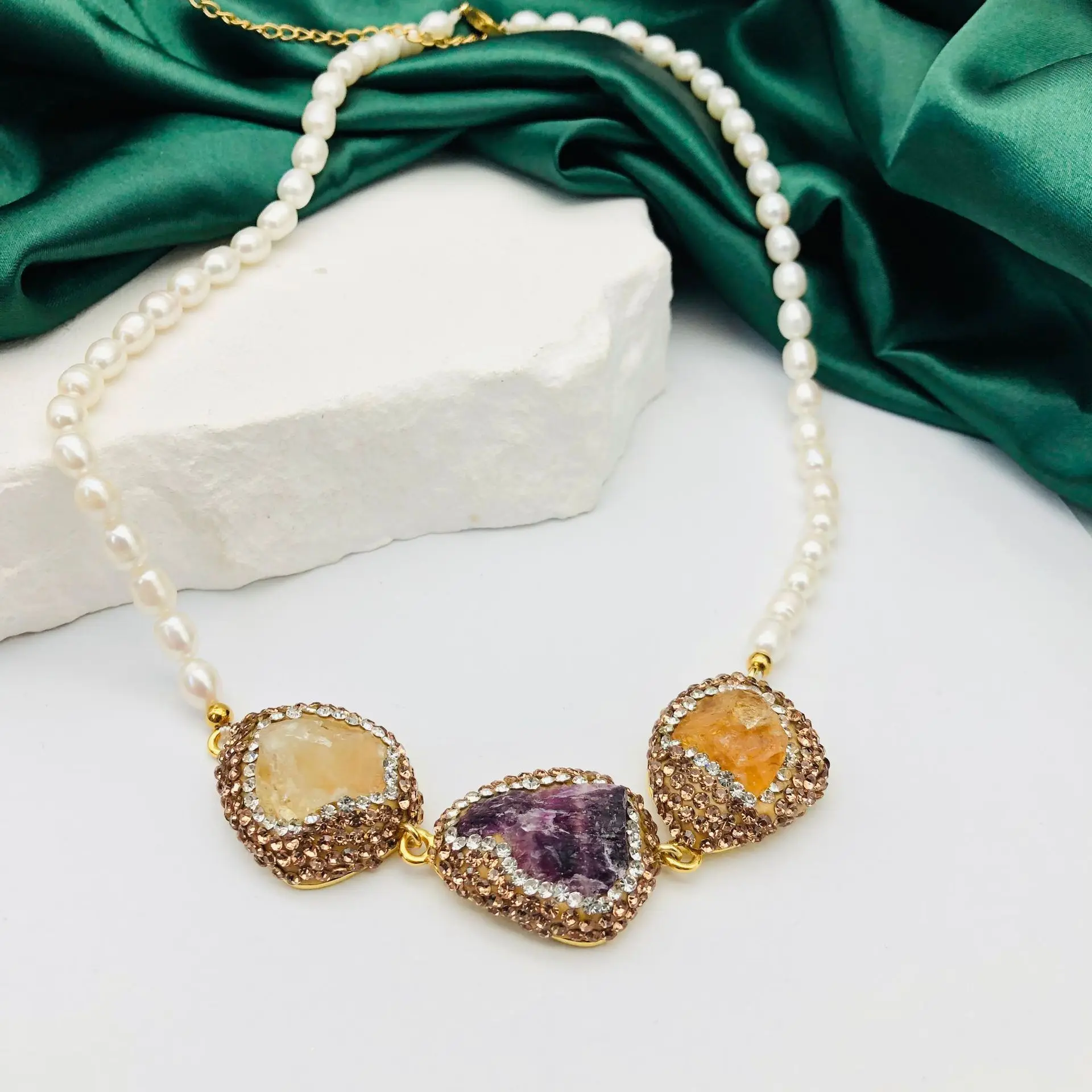 

Ожерелье из натурального пресноводного жемчуга, аметист, цитрин, топаз, кристалл, кулон, ожерелья, белые бусины, воротник, очаровательное колье, женские ювелирные изделия